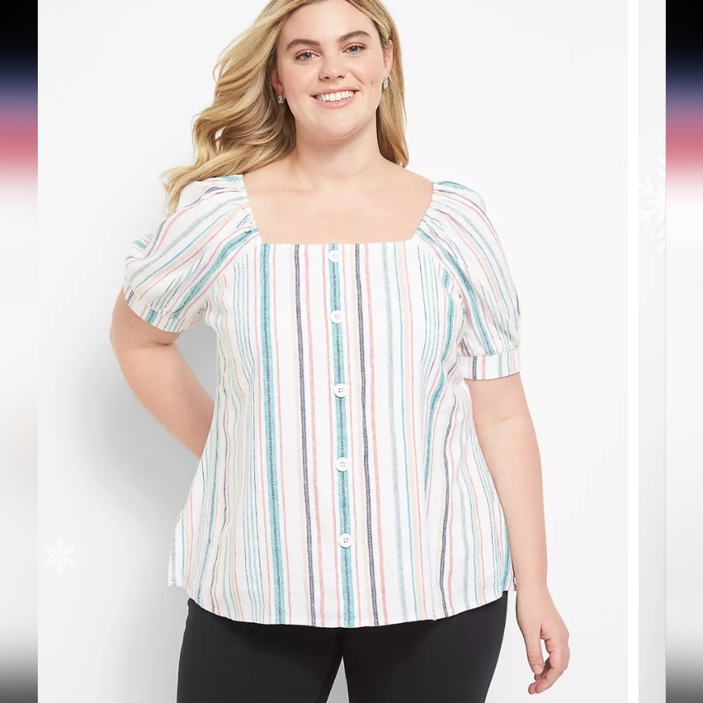 Layne Bryant Striped Off The Shoulder Square Neck Linen Blouse Size 20